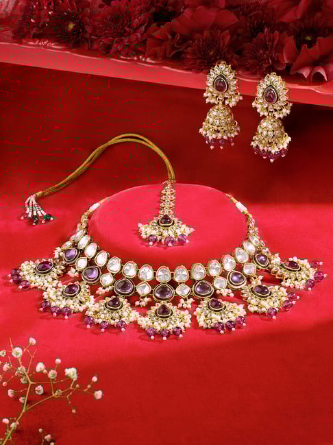 Zaveri Pearls Purple Stones Beads Dazzling Traditional Necklace Earring & Maangtikka Set