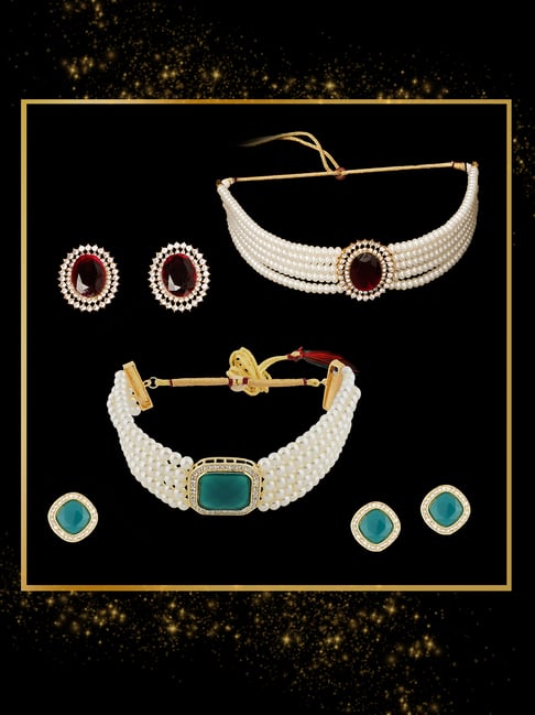 Zaveri Pearls Combo Of 2 Red Green Stones Multistrand Choker Necklace Earring Ring Set-picture-19