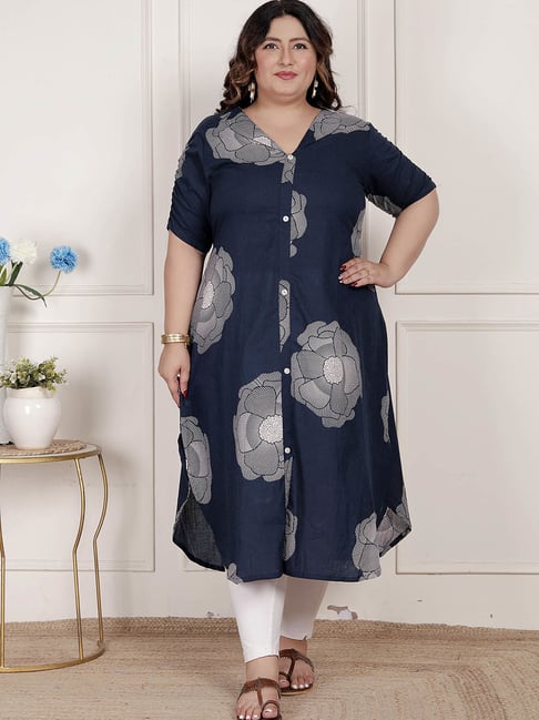 Miravan Blue Cotton Regular Fit Floral Print Kurta-picture-17