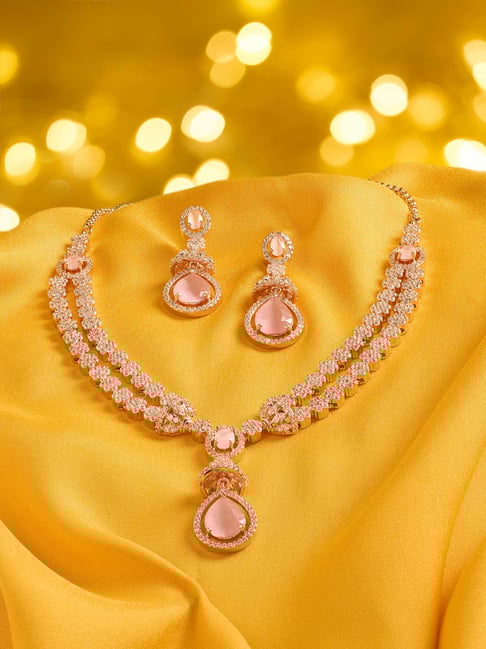 Zaveri Pearls Pink Stones Cubic Zirconia Contemporary Rose Gold Brass Necklace Earring Set-picture-21