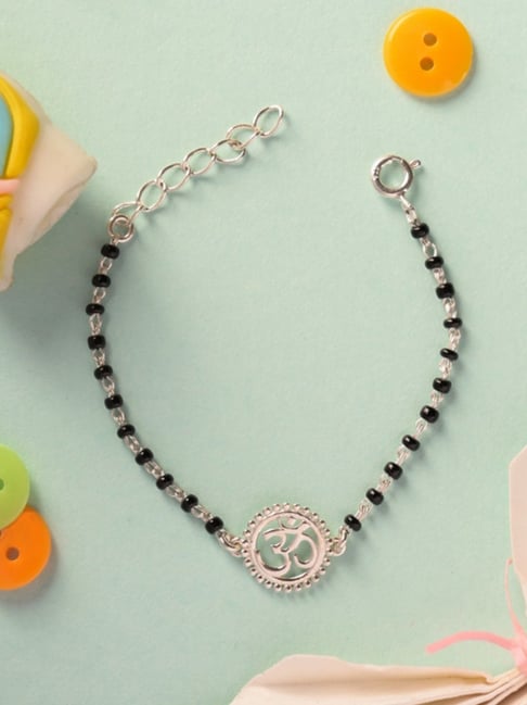CLARA 925 Silver Nazariya Om Bracelet with Black Beads for Baby Boys & Girls