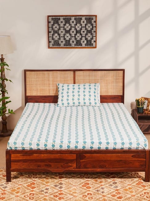 Fabindia Teal Aksh Cotton Printed Bed Sheet with 1 Pillow Cover-picture-11