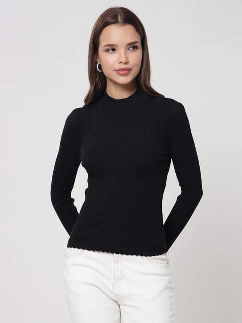 Kalt Black Cotton Solid Sweater