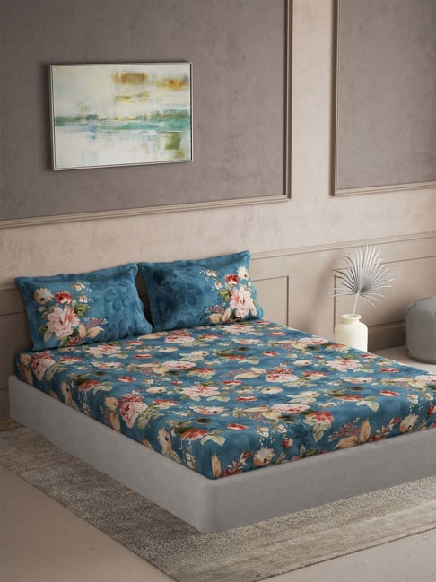 DDecor Blue Cotton 145TC Floral Print Bedsheet with 2 Pillow Cover-picture-21
