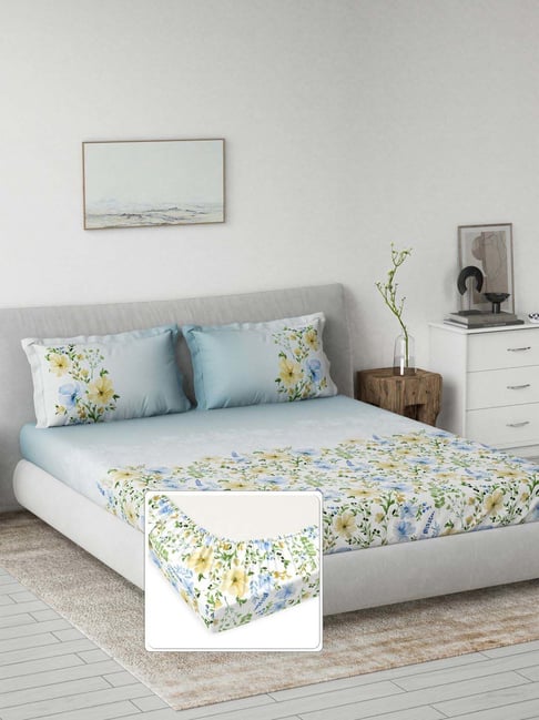 DDecor Blue Cotton 145TC Floral Print Bedsheet with 2 Pillow Cover-picture-19
