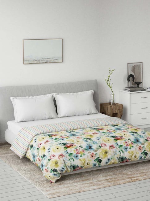 DDecor Yellow Cotton Floral Print Reversible Dohar