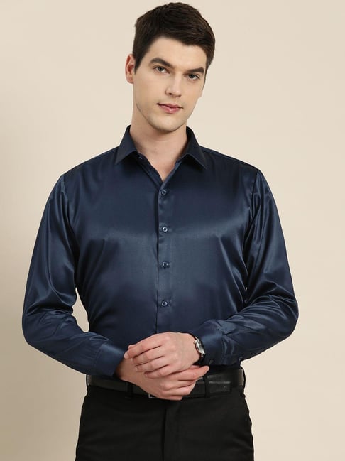 Hancock Navy Polyester Slim Fit Solid Long Sleeves Shirt-picture-33