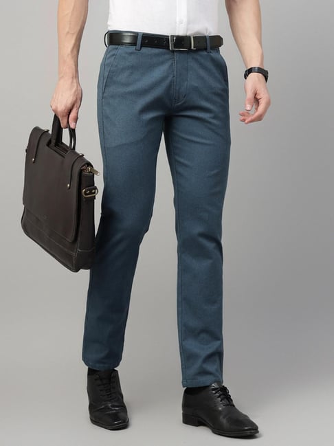 Hancock Navy Cotton Slim Fit Solid Mid Rise Trousers-picture-12