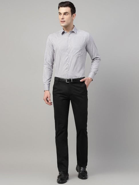 Hancock Black Cotton Slim Fit Solid Mid Rise Trousers