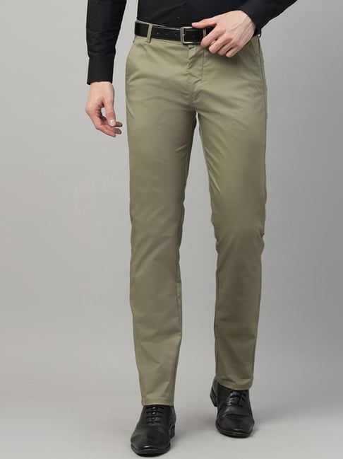 Hancock Green Cotton Slim Fit Solid Mid Rise Trousers