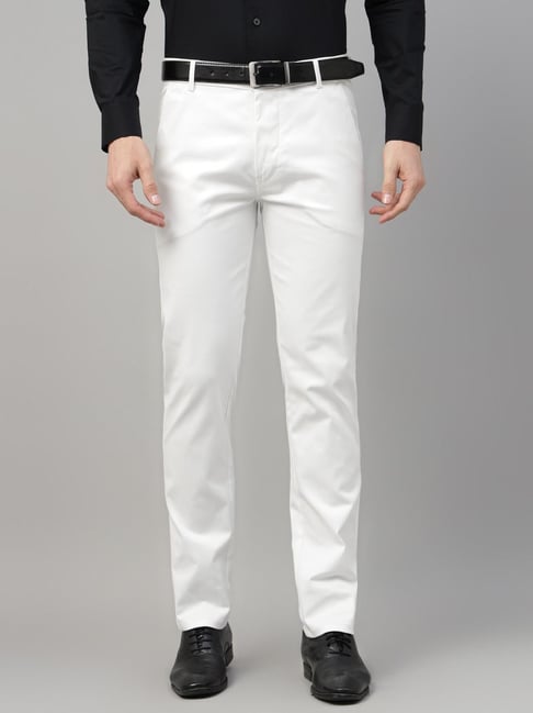 Hancock White Cotton Slim Fit Solid Mid Rise Trousers