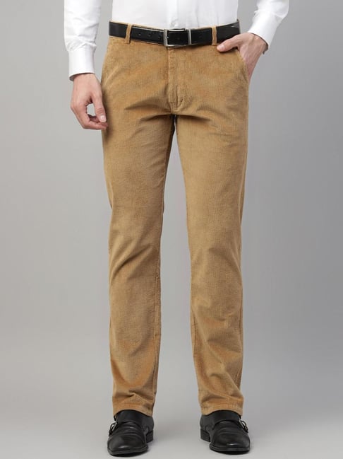 Hancock Khaki Cotton Slim Fit Solid Mid Rise Trousers