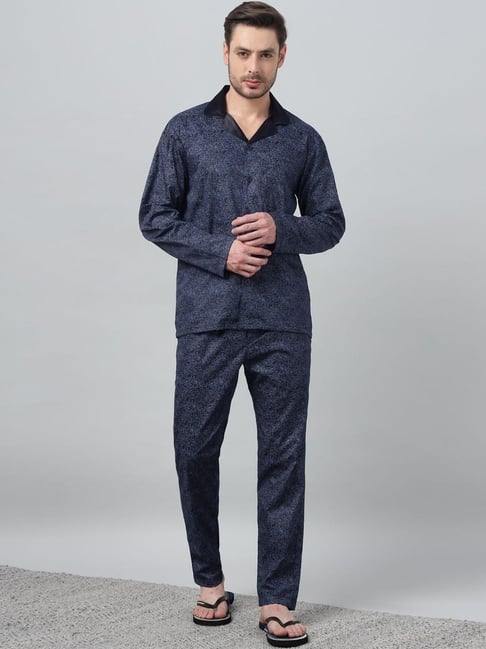 Hancock Navy Cotton Relaxed Fit Printed Long Sleeves Night Suit