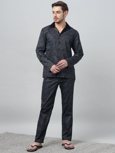 Hancock Black Cotton Relaxed Fit Printed Long Sleeves Night Suit-picture-39