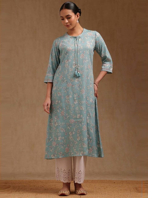 Soch Turquoise Blue Regular Fit Floral Print Kurta