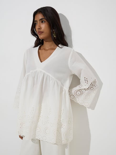 Utsa by Westside White Schiffli Patterned Cotton Kurti-picture-30