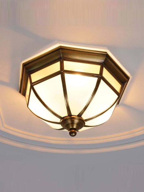 Kapoor Lamp Shades Mirage Frosted White & Antique Brass Flush Ceiling Light