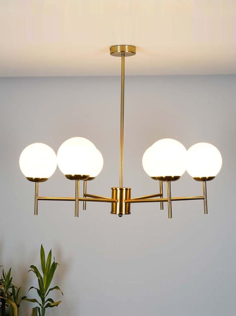 Kapoor Lamp Shades Compernico 6 Lights Brass Finish with Opal Glass Shades Chandelier Light