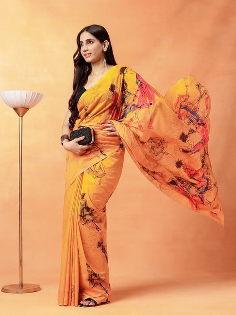 navyasa by liva Yellow Printed Saree with Unstitched Blouse-image-46