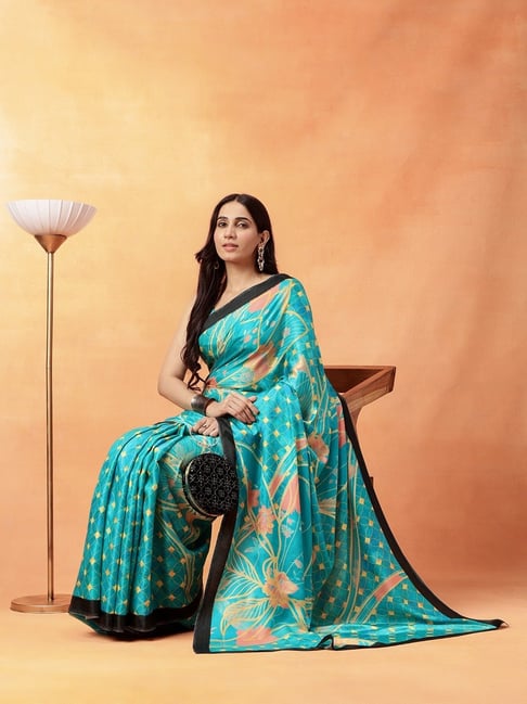 navyasa by liva Blue Floral Saree with Unstitched Blouse-picture-46