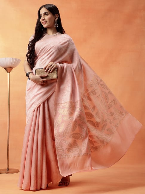 navyasa by liva Peach Woven Design Saree with Unstitched Blouse-picture-29