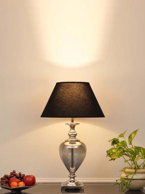 Kapoor Lamp Shades Hinton Blue Glass & Nickel Finish Metal Table Lamp with Black Cotton Shade