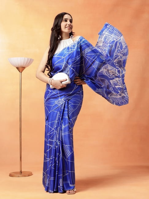 navyasa by liva Blue Printed Saree with Unstitched Blouse-image-45