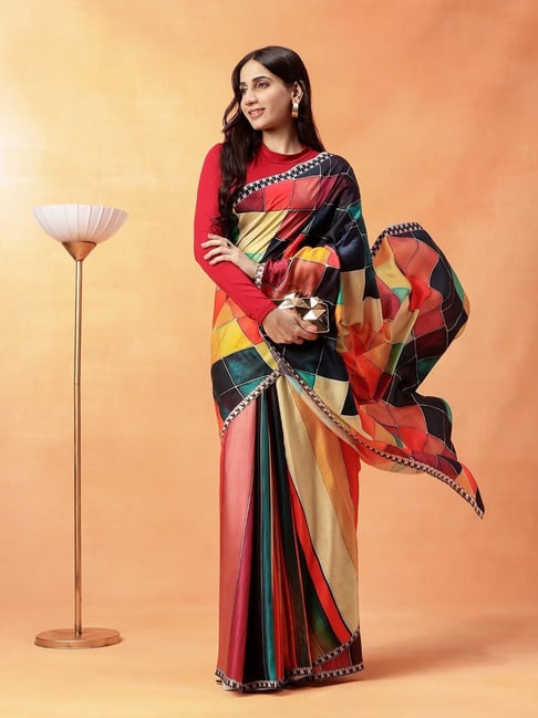 navyasa by liva Multicolor Geometric Saree with Unstitched Blouse-picture-18