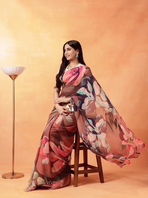 navyasa by liva Brown Floral Saree with Unstitched Blouse-image-44