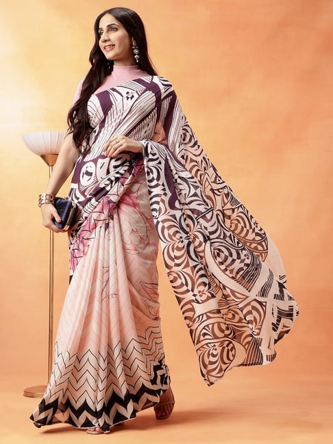 navyasa by liva Pink & Black Printed Saree with Unstitched Blouse-image-43