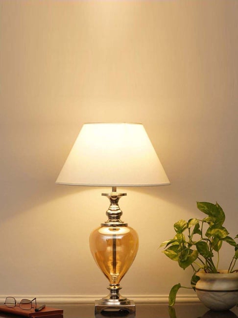 Kapoor Lamp Shades Hinton Amber Glass & Nickel Finish Metal Table Lamp with White Cotton Shade-picture-38