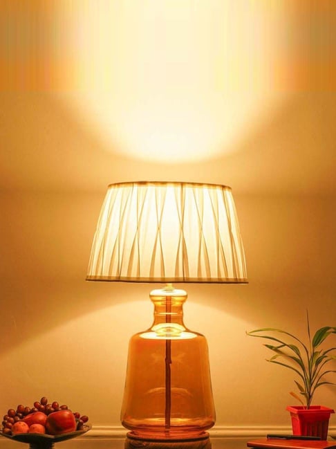 Kapoor Lamp Shades Paola Amber Glass & Wood Table Lamp with Tuck Plated White Cotton Shade-picture-24