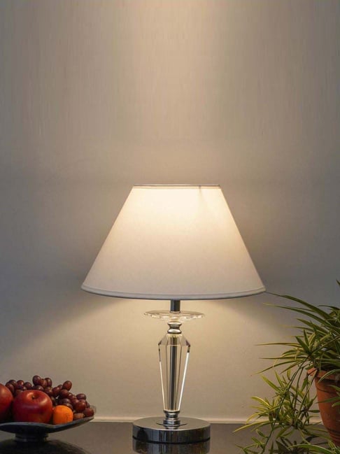 Kapoor Lamp Shades Viso Chrome Finish Metal & Clear Crystal Glass Table Lamp with White Cotton Shade