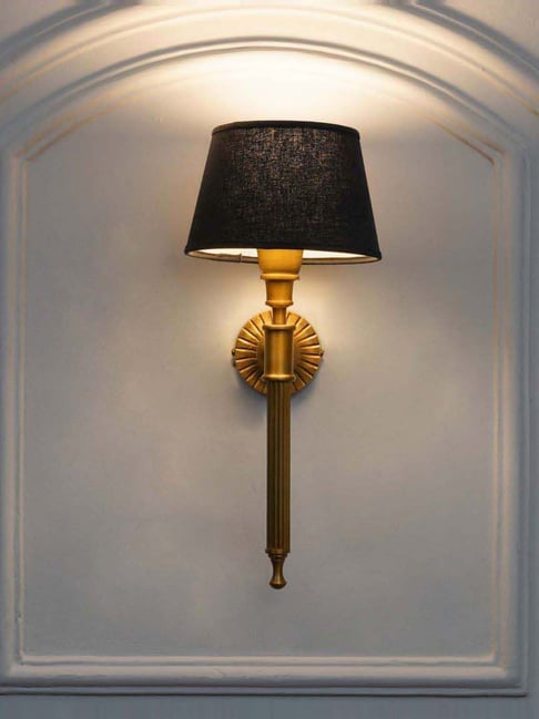 Kapoor Lamp Shades Parker Single Light Wall Fitting In Antique Brass Finish Metal With Black Cotton Shade