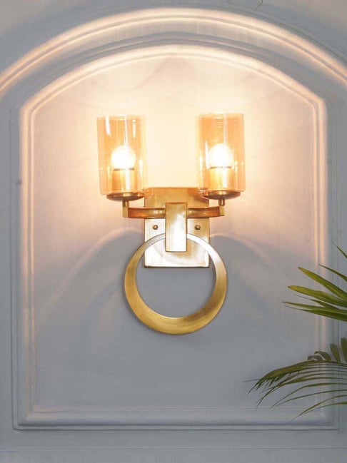 Kapoor Lamp Shades Pegasus 2 Light Wall Fitting In Brass Finish With Amber Glass Shade