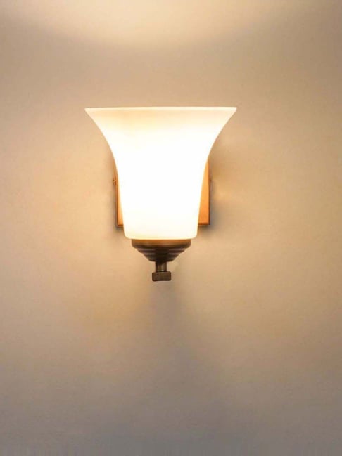 Kapoor Lamp Shades Andretti Single Light Bathroom Wall Fitting In Antique Brass Finish With White Glass