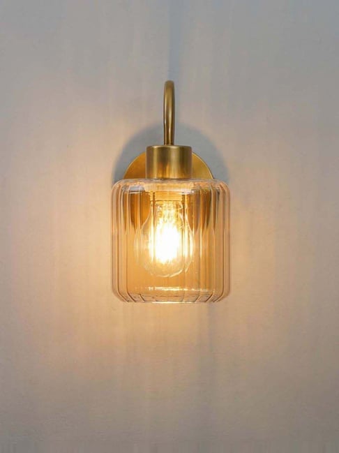 Kapoor Lamp Shades Hendrik Single Light Wall Fitting In Brass Finish Metal With Amber Glass