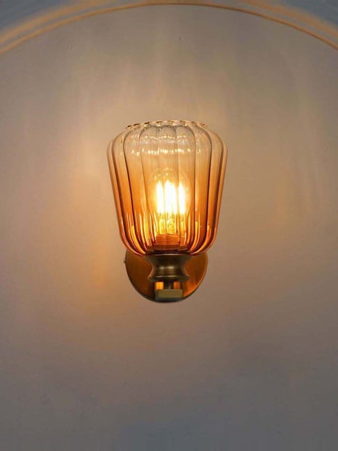 Kapoor Lamp Shades Brinley Single Light Wall Fitting In Brass Finish Metal With Amber Glass