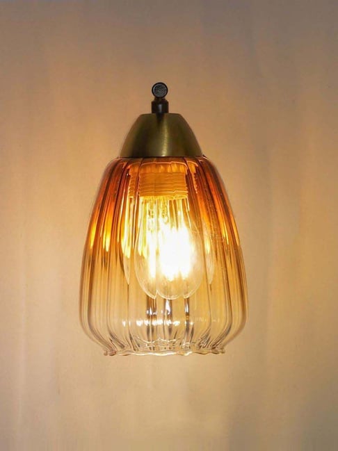Kapoor Lamp Shades Kichler Single Light Wall Fitting In Brass & Wood Finish Metal With Amber Glass