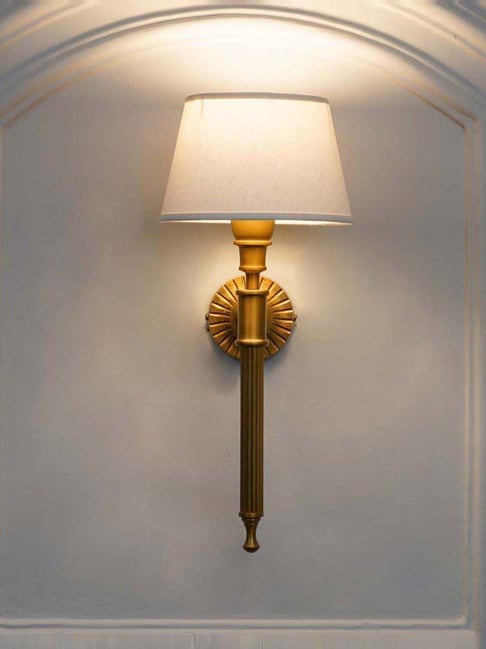 Kapoor Lamp Shades Parker Single Light Wall Fitting In Antique Brass Finish Metal With White Cotton Shade