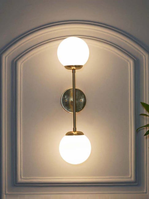 Kapoor Lamp Shades Balts Twin Wall Light In Brass Finish With Opal Glass Globe Shades