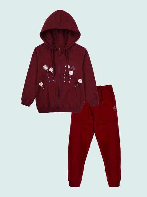 Kiddopanti Girls Maroon Applique Sweatshirt with Trackpants