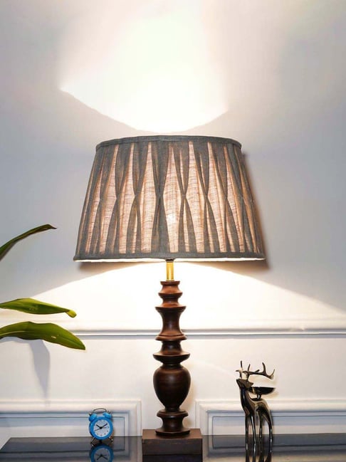 Kapoor Lamp Shades Akira Hand Crafted Solid Wood Walnut Finish Table Lamp with Natural Linen Shade