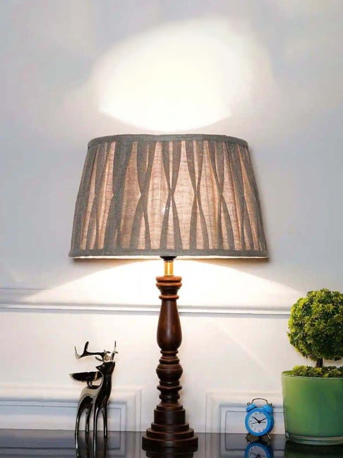 Kapoor Lamp Shades Hatton Hand Crafted Solid Wood Walnut Finish Table Lamp with Natural Cotton Shade