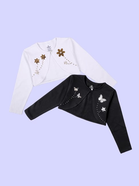 Kiddopanti Girls Black & White Applique Shrug - Pack of 2-picture-23
