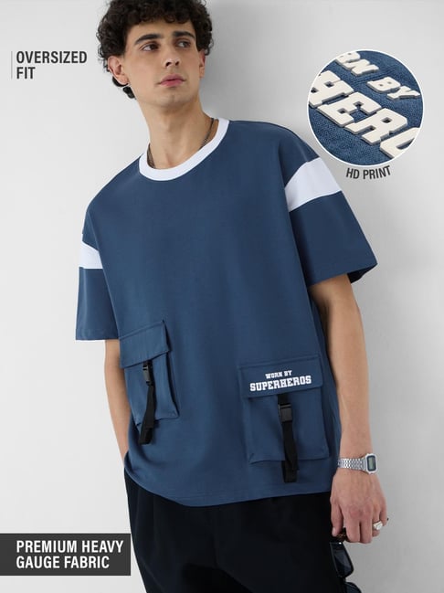 The Souled Store Blue Cotton Solid Relaxed Fit T-Shirt-picture-23