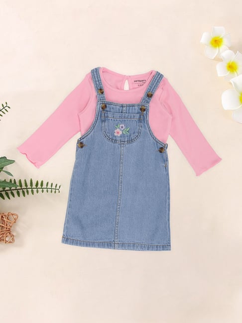 Pantaloons Baby Girls Mid Wash Embroidery Dungaree Set