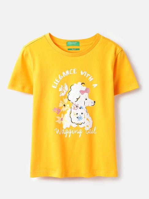 United Colors of Benetton Girls Yellow Pure Cotton Printed T-Shirt