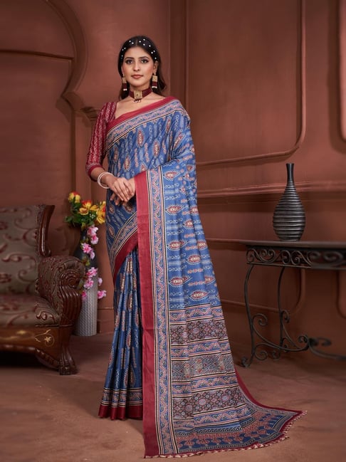 Anjaneya Sarees Blue Woven Cotton Silk Printed Designer Printed Saree With Unstitched Blouse-picture-15