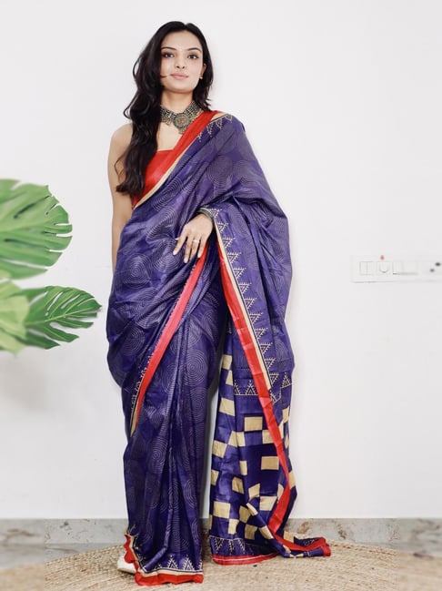 Anjaneya Sarees Blue Woven Cotton Silk Printed Designer Solid Saree With Unstitched Blouse-picture-16